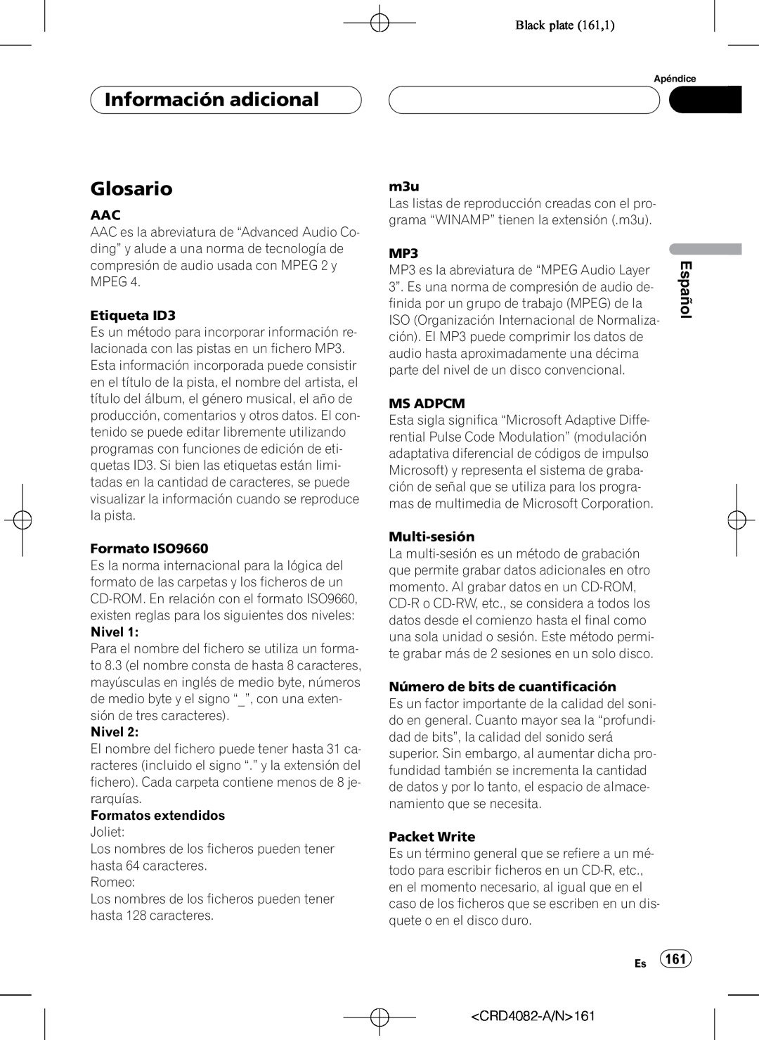 Pioneer DEH-P80RS operation manual Glosario, Black plate 161,1, Información adicional, Español 