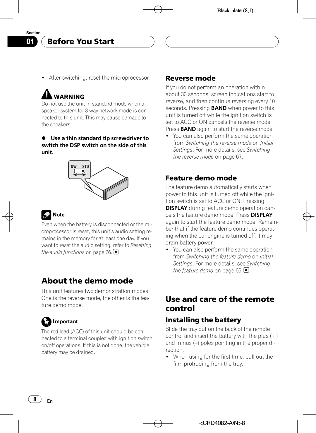 Pioneer DEH-P80RS operation manual About the demo mode, Use and care of the remote control, Reverse mode, Feature demo mode 