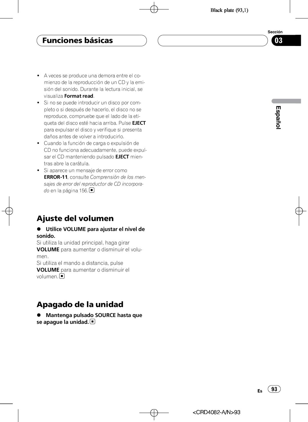 Pioneer DEH-P80RS operation manual Funciones básicas, Ajuste del volumen, Apagado de la unidad, Black plate 93,1, Español 