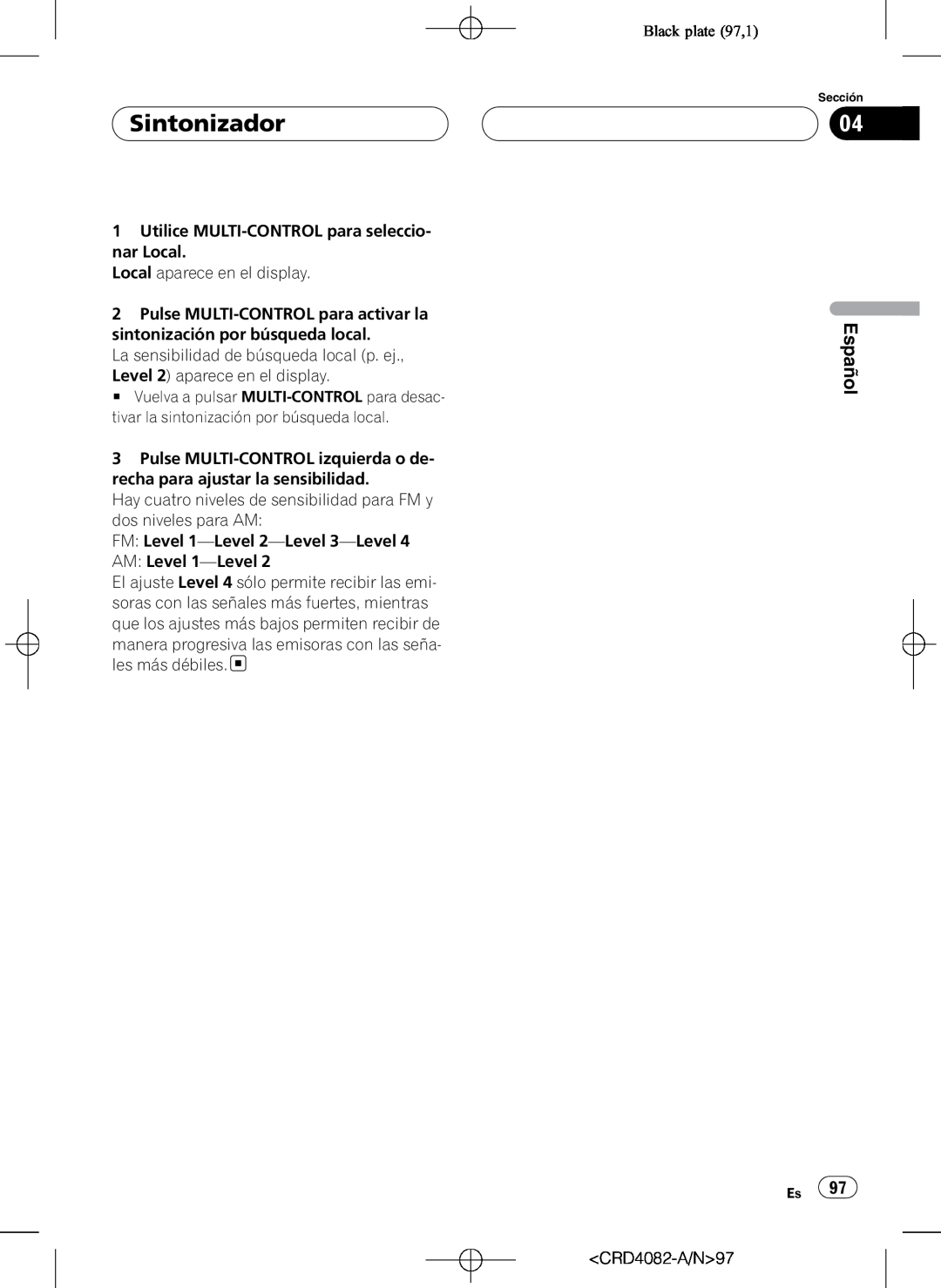 Pioneer DEH-P80RS operation manual Black plate 97,1, Sintonizador, Español 