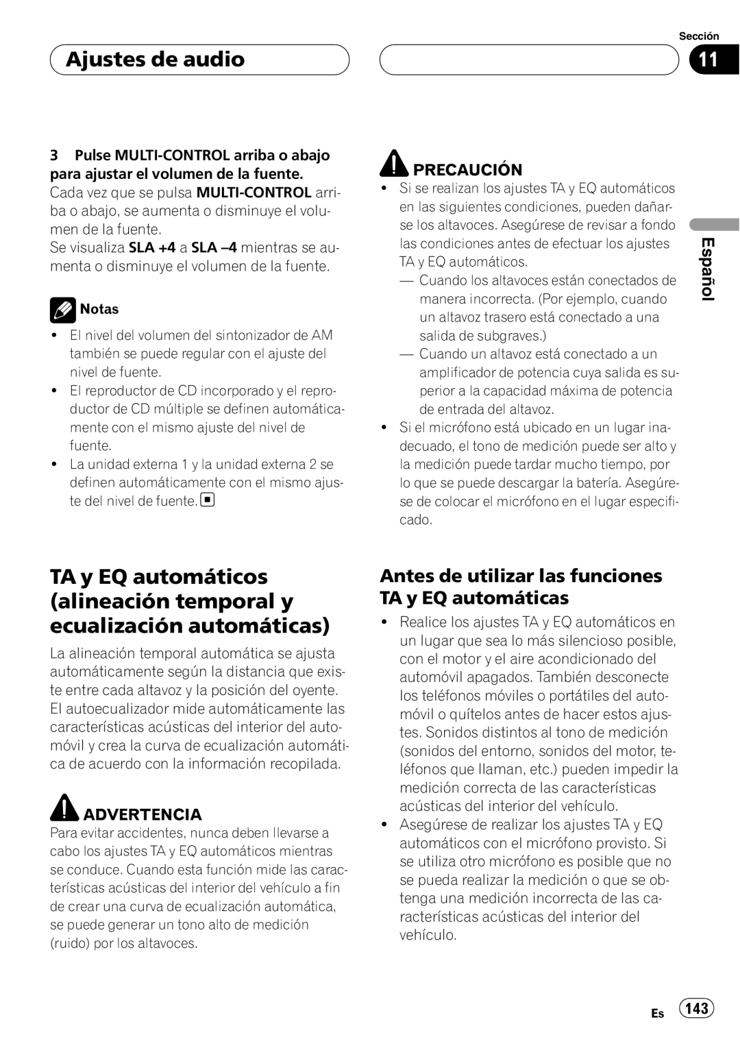 Pioneer DEH-P80RS operation manual Ajustes de audio, Español, Precaución, Advertencia 