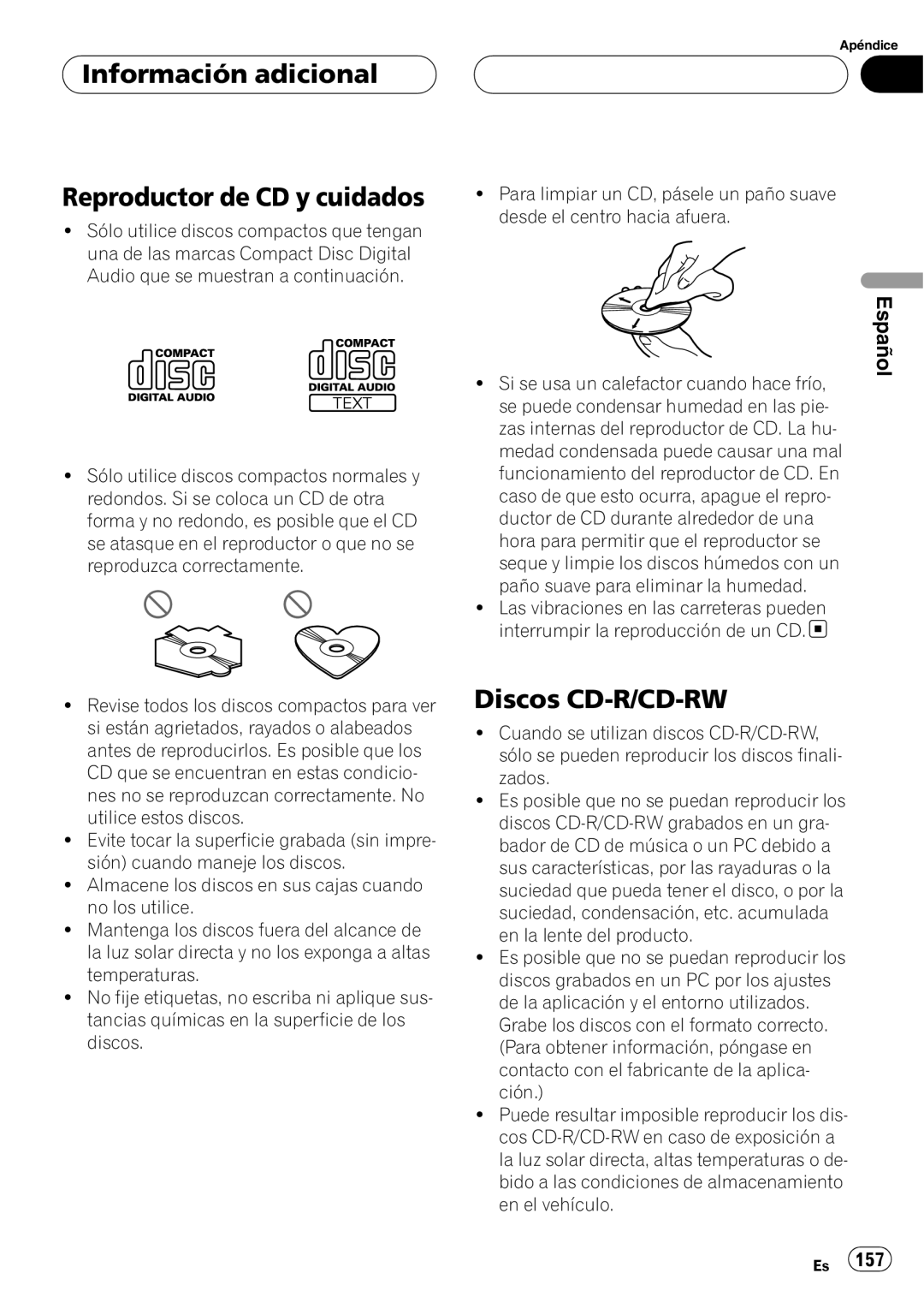 Pioneer DEH-P80RS operation manual Reproductor de CD y cuidados, Discos CD-R/CD-RW, Información adicional, Español 