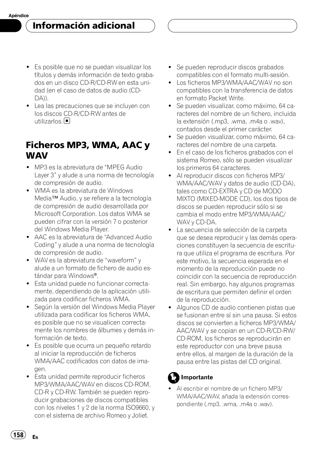Pioneer DEH-P80RS operation manual Ficheros MP3, WMA, AAC y WAV, 158 Es, Información adicional 