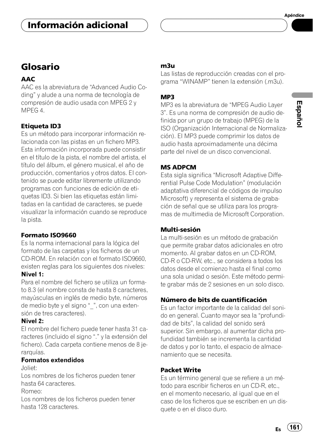 Pioneer DEH-P80RS operation manual Glosario, Información adicional, Español 