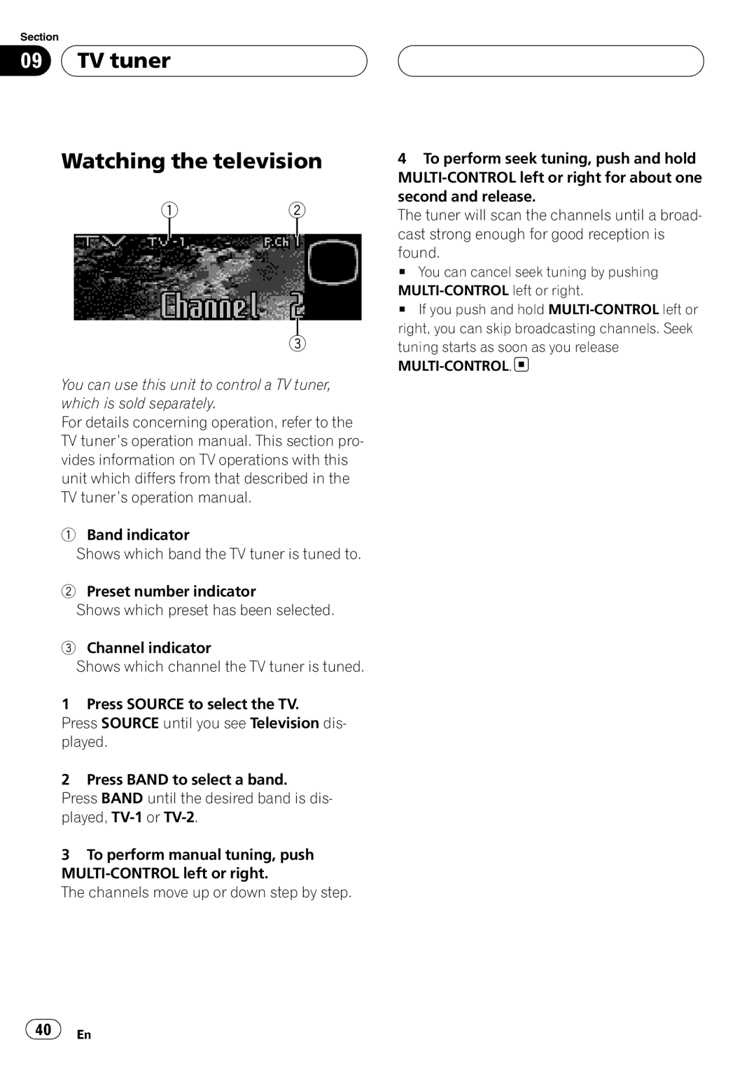 Pioneer DEH-P80RS operation manual TV tuner Watching the television 