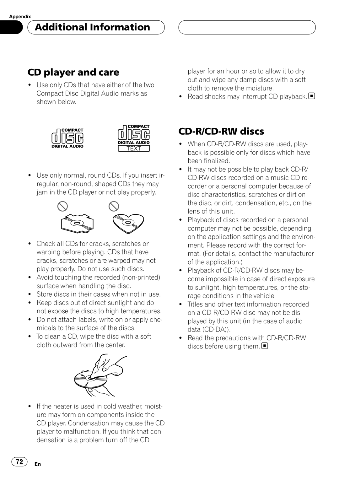 Pioneer DEH-P80RS operation manual Additional Information CD player and care, CD-R/CD-RWdiscs 