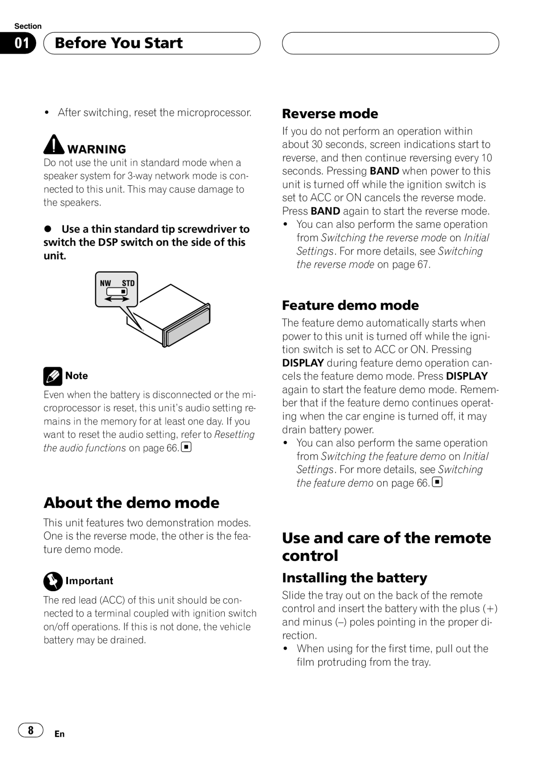 Pioneer DEH-P80RS operation manual About the demo mode, Use and care of the remote control, Reverse mode, Feature demo mode 