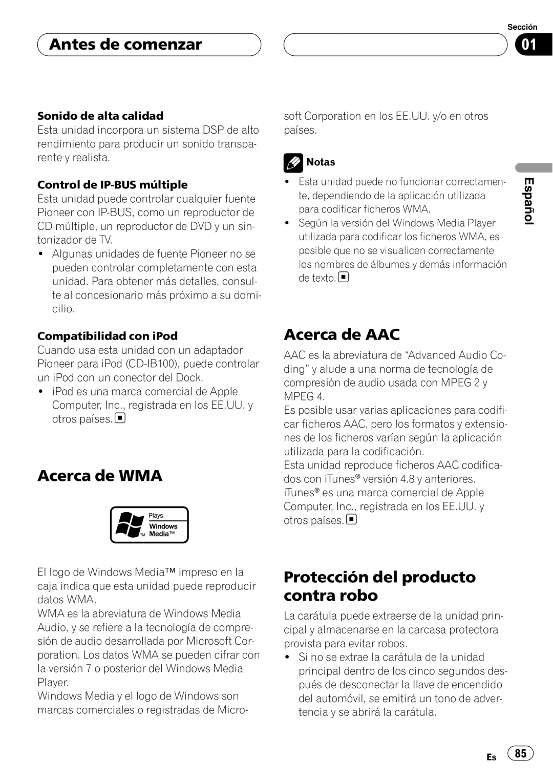 Pioneer DEH-P80RS operation manual Antes de comenzar, Acerca de WMA, Acerca de AAC, Protección del producto contra robo 
