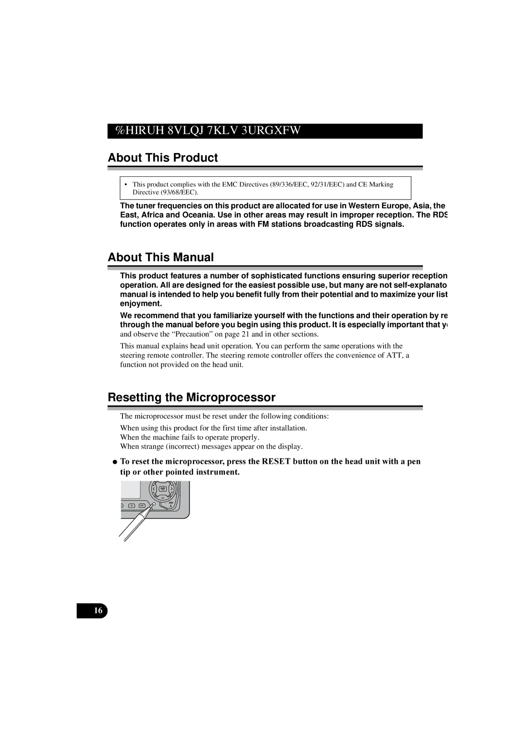 Pioneer DEH-P8100R manual HIRUH8VLQJ7KLV3URGXFW, About This Product, About This Manual, Resetting the Microprocessor 