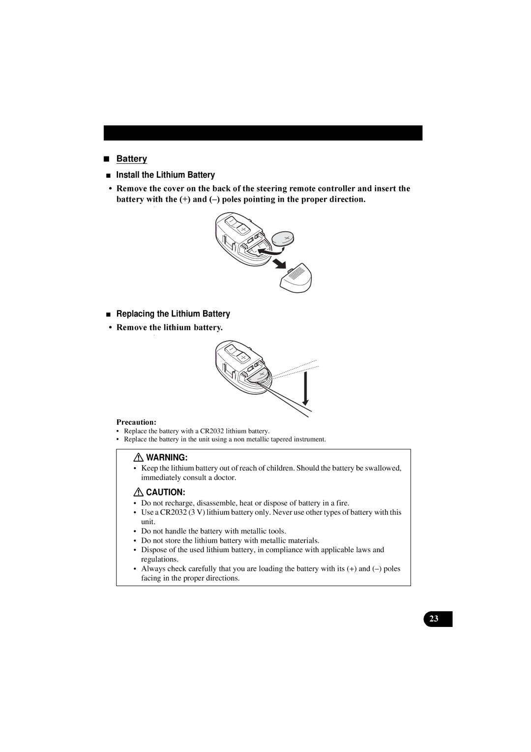 Pioneer DEH-P8100R manual Battery Install the Lithium Battery, Replacing the Lithium Battery, ‡ 5HPRYHWKHOLWKLXPEDWWHU 