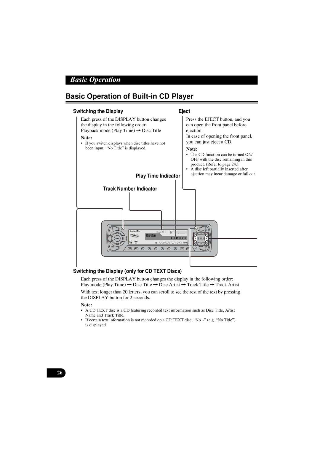 Pioneer DEH-P8100R manual Basic Operation of Built-in CD Player, Switching the Display 