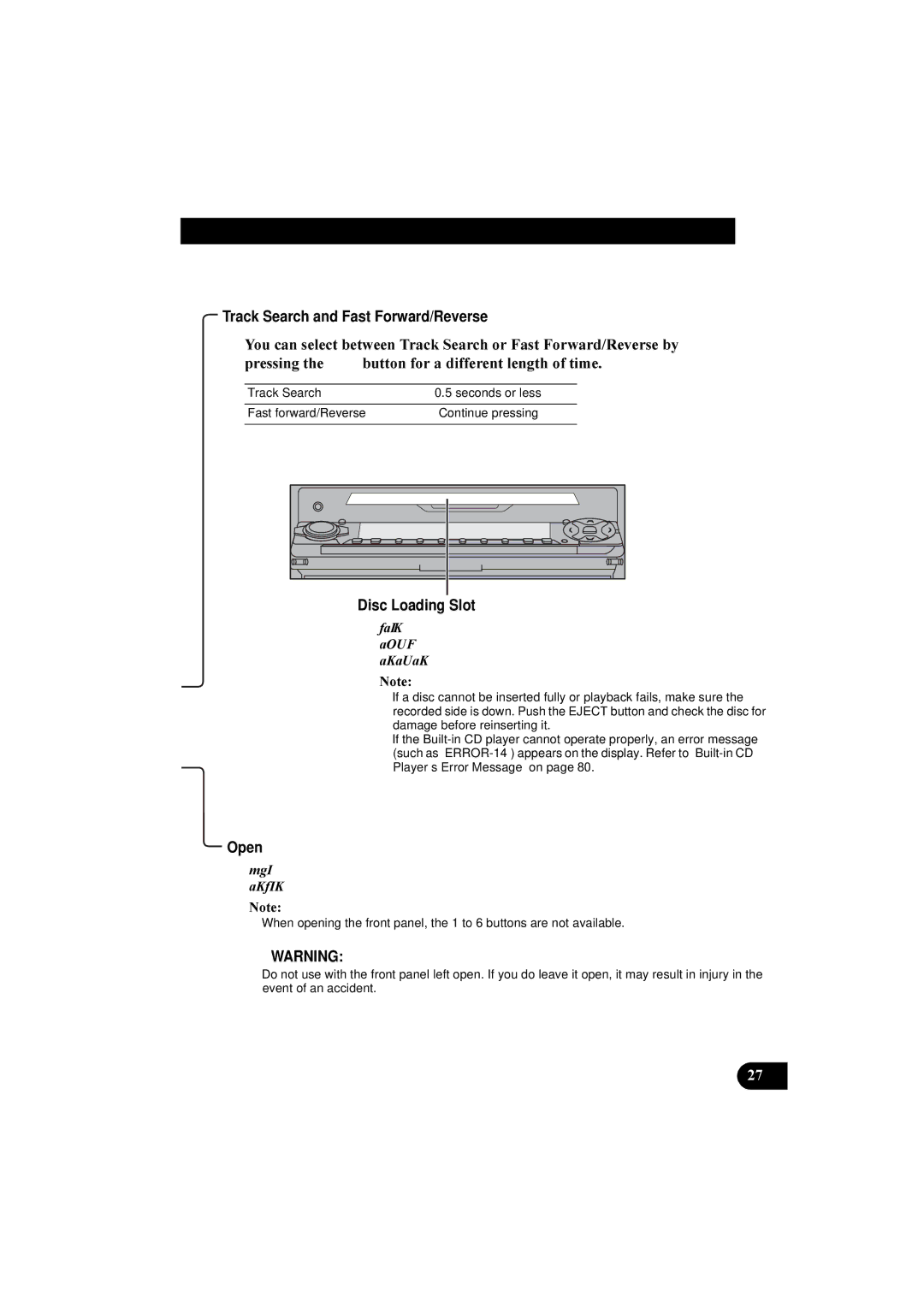 Pioneer DEH-P8100R manual Track Search and Fast Forward/Reverse, Disc Loading Slot, Open 