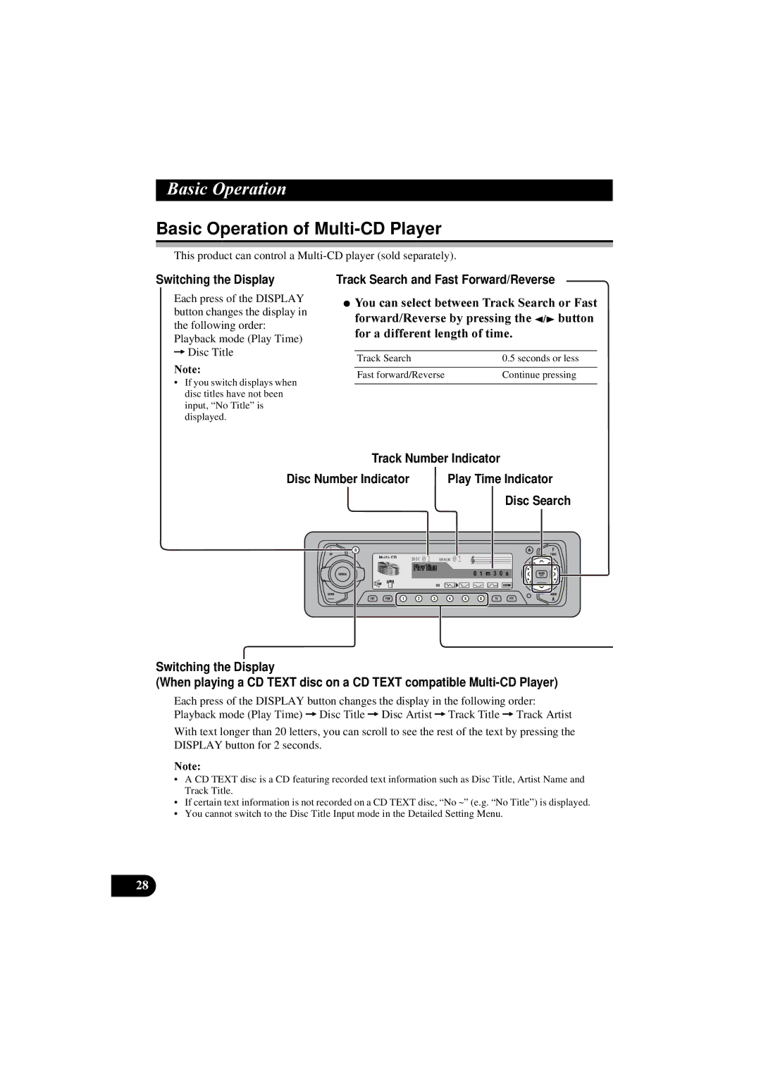 Pioneer DEH-P8100R manual Basic Operation of Multi-CD Player, Track Number Indicator Disc Number Indicator 