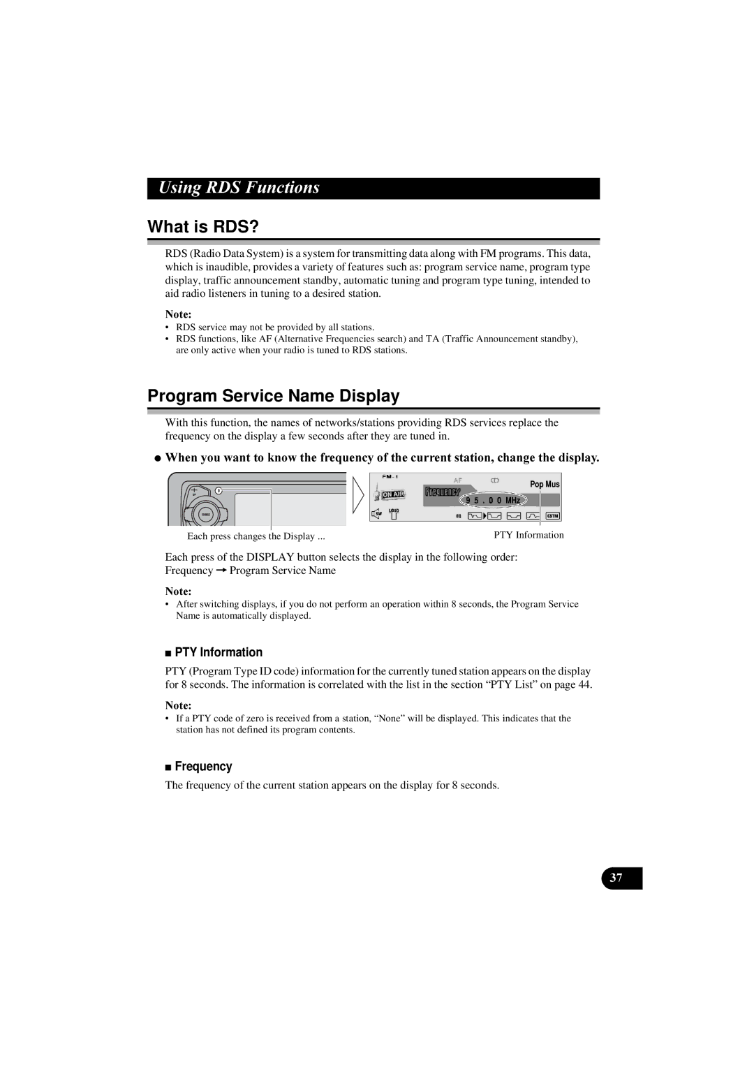 Pioneer DEH-P8100R manual 8VLQJ56XQFWLRQV, What is RDS?, Program Service Name Display, PTY Information, Frequency 