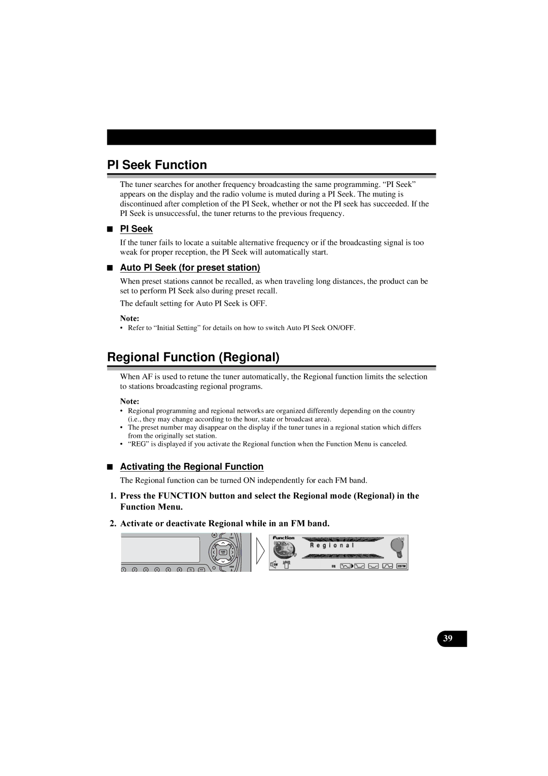 Pioneer DEH-P8100R manual PI Seek Function, Regional Function Regional, Auto PI Seek for preset station 