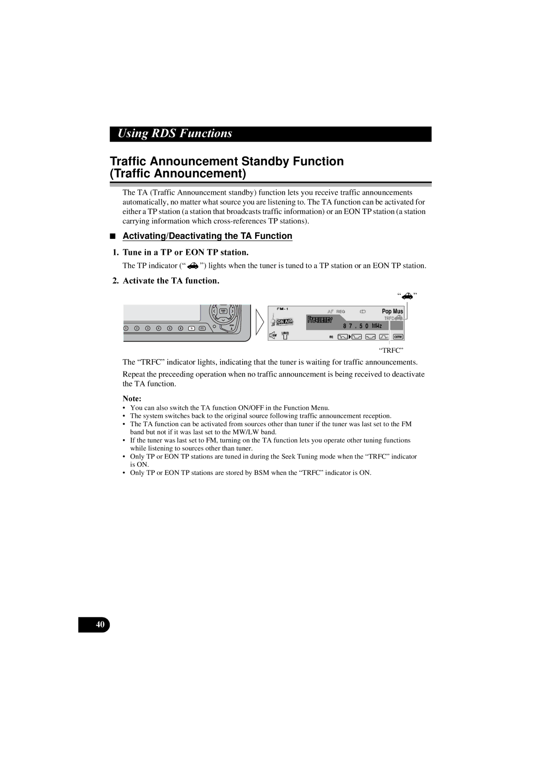 Pioneer DEH-P8100R Traffic Announcement Standby Function Traffic Announcement, Activating/Deactivating the TA Function 