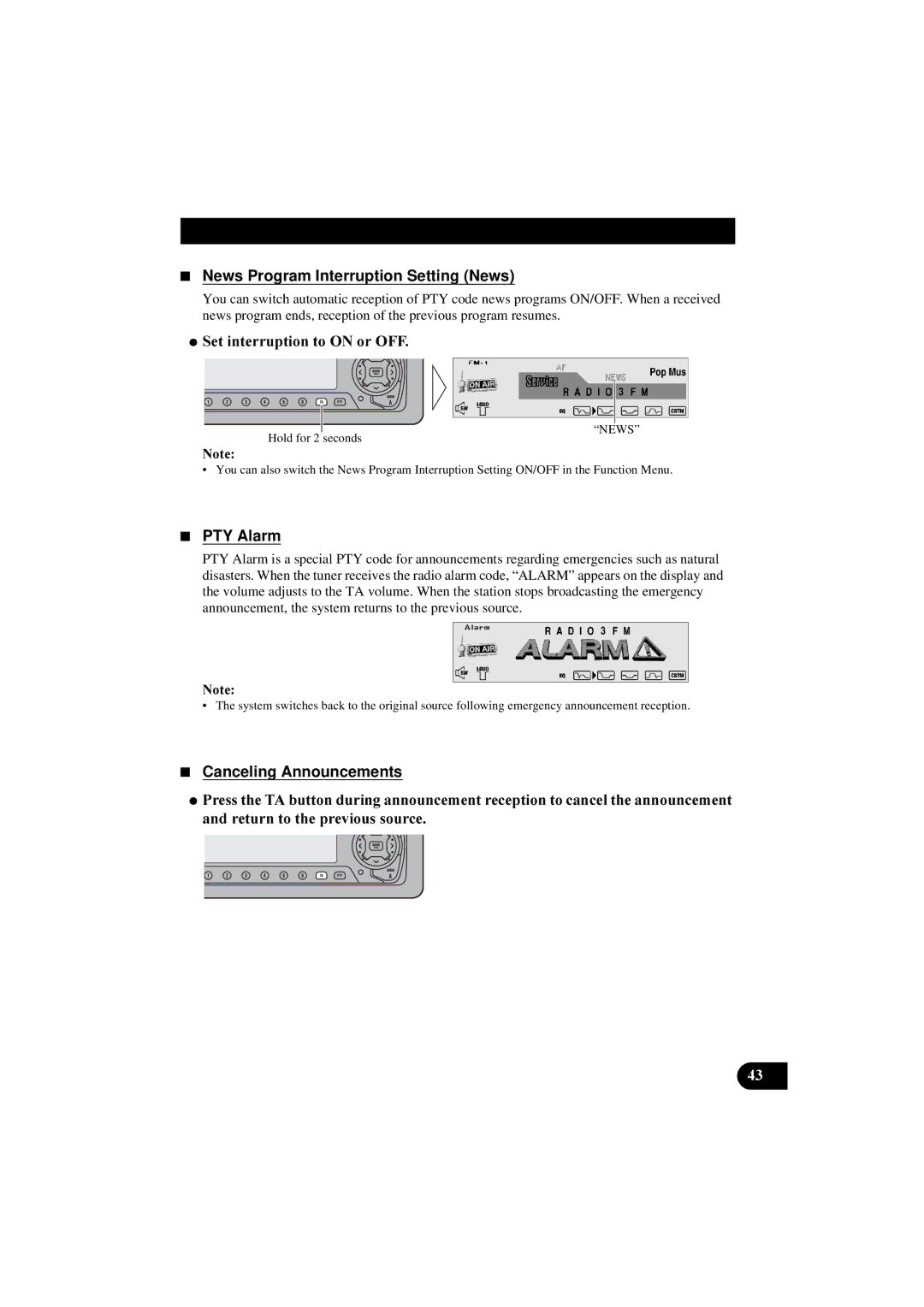 Pioneer DEH-P8100R News Program Interruption Setting News, 6HWLQWHUUXSWLRQWR21RU2, PTY Alarm, Canceling Announcements 