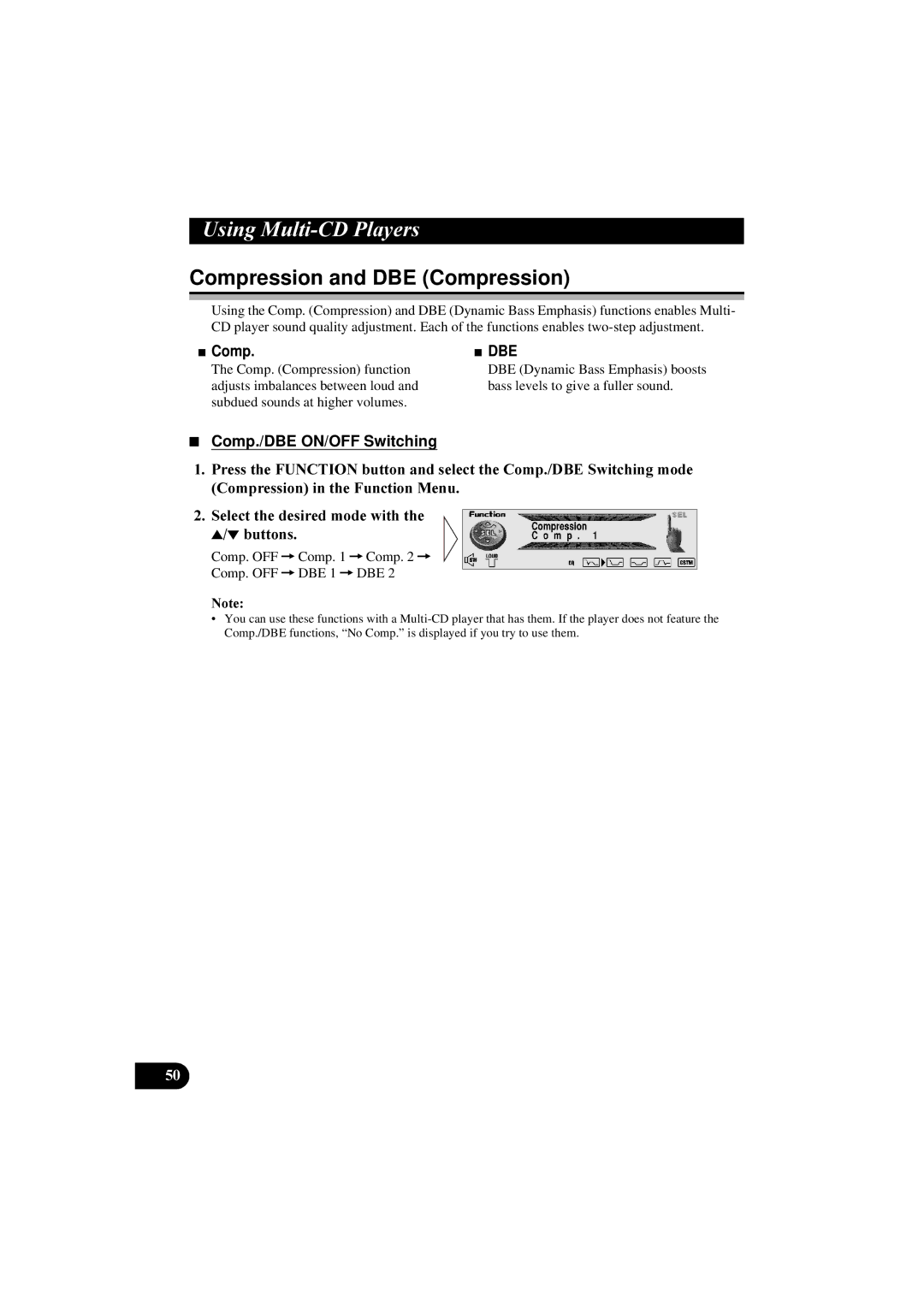 Pioneer DEH-P8100R manual Compression and DBE Compression, Comp./DBE ON/OFF Switching, 6HOHFWWKHGHVLUHGPRGHZLWKWKH Exwwrqv 