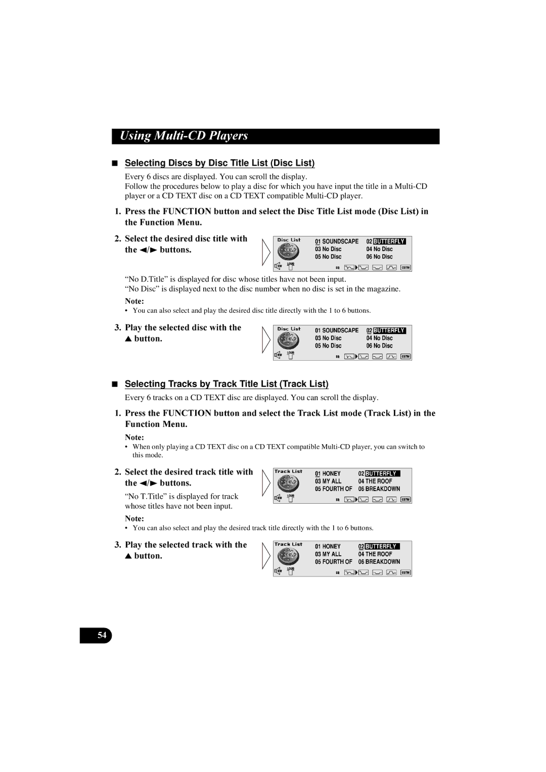 Pioneer DEH-P8100R manual Selecting Discs by Disc Title List Disc List, Selecting Tracks by Track Title List Track List 