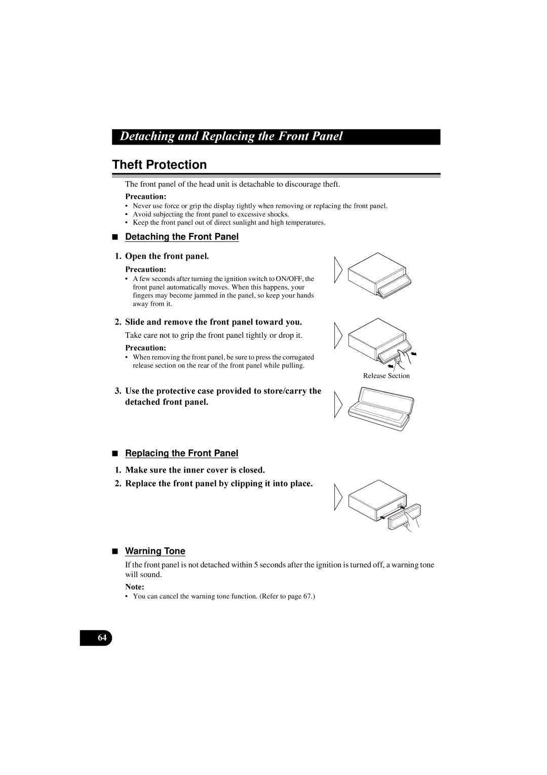 Pioneer DEH-P8100R Theft Protection, Detaching the Front Panel, 2SHQWKHIURQWSDQHO, 6OLGHDQGUHPRYHWKHIURQWSDQHOWRZDUG\RX 