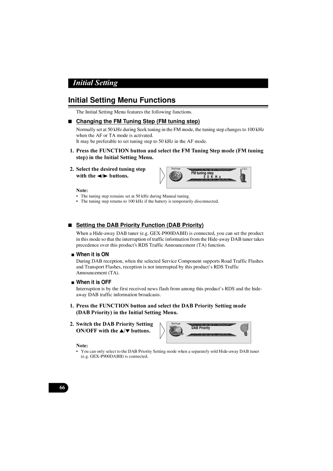 Pioneer DEH-P8100R manual Initial Setting Menu Functions, Changing the FM Tuning Step FM tuning step, When it is on 