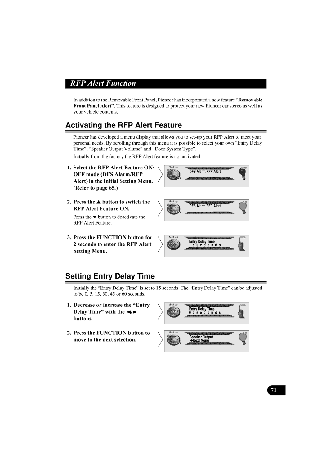 Pioneer DEH-P8100R manual 53$OHUWXQFWLRQ, Activating the RFP Alert Feature, Setting Entry Delay Time 