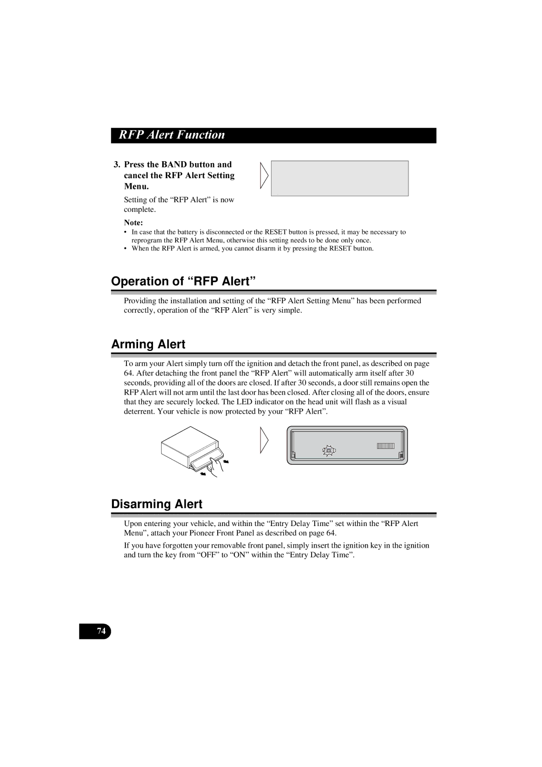 Pioneer DEH-P8100R manual Operation of RFP Alert, Arming Alert, Disarming Alert 