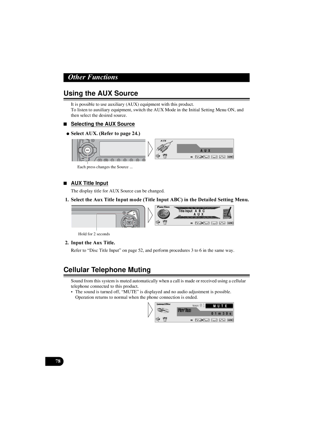 Pioneer DEH-P8100R manual Using the AUX Source, Cellular Telephone Muting, Selecting the AUX Source, AUX Title Input 