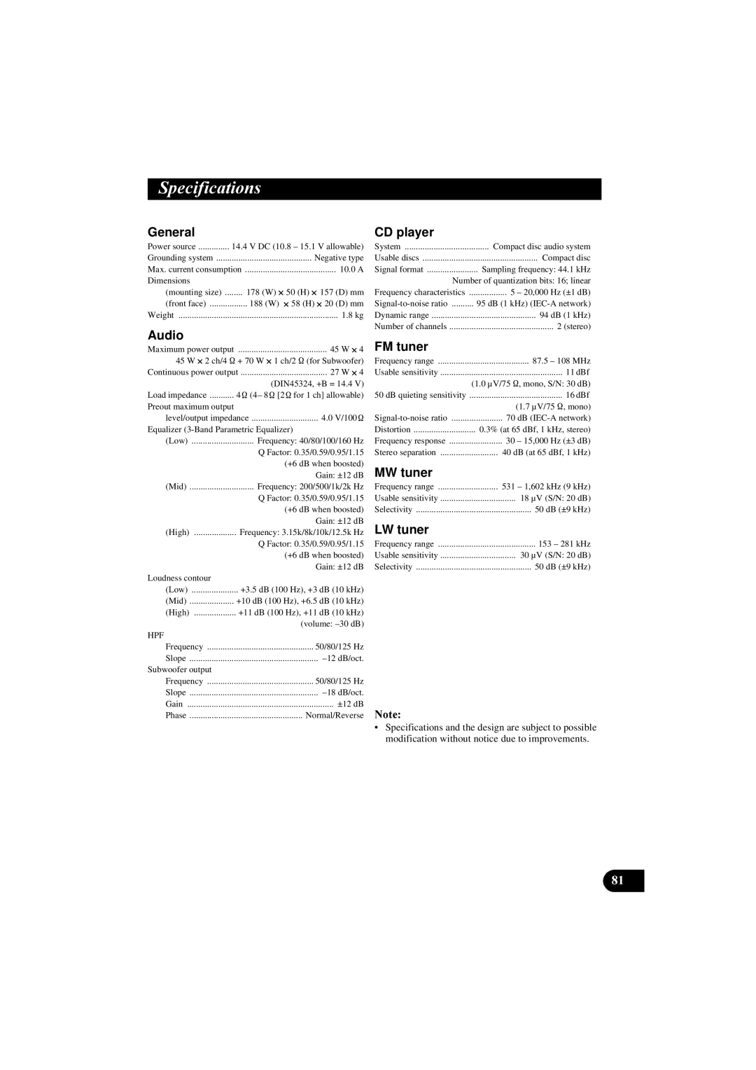 Pioneer DEH-P8100R manual 6SHFLILFDWLRQV 