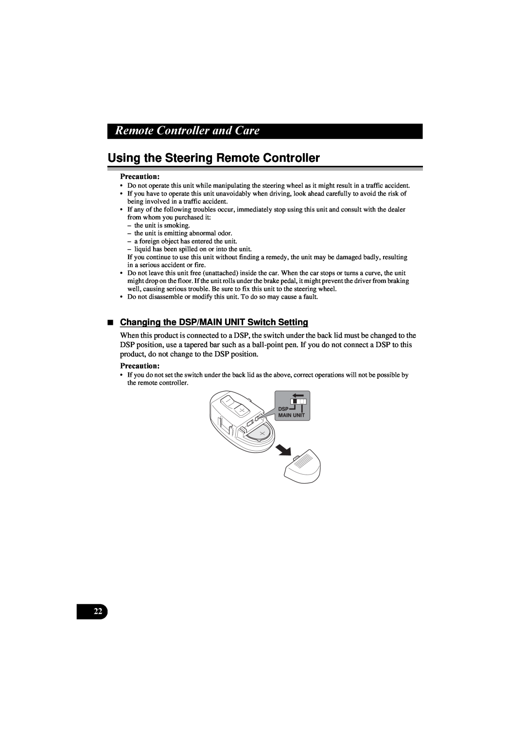 Pioneer DEH-P8100R manual 5HPRWH&RQWUROOHUDQG&DUH, Using the Steering Remote Controller, 3UHFDXWLRQ 