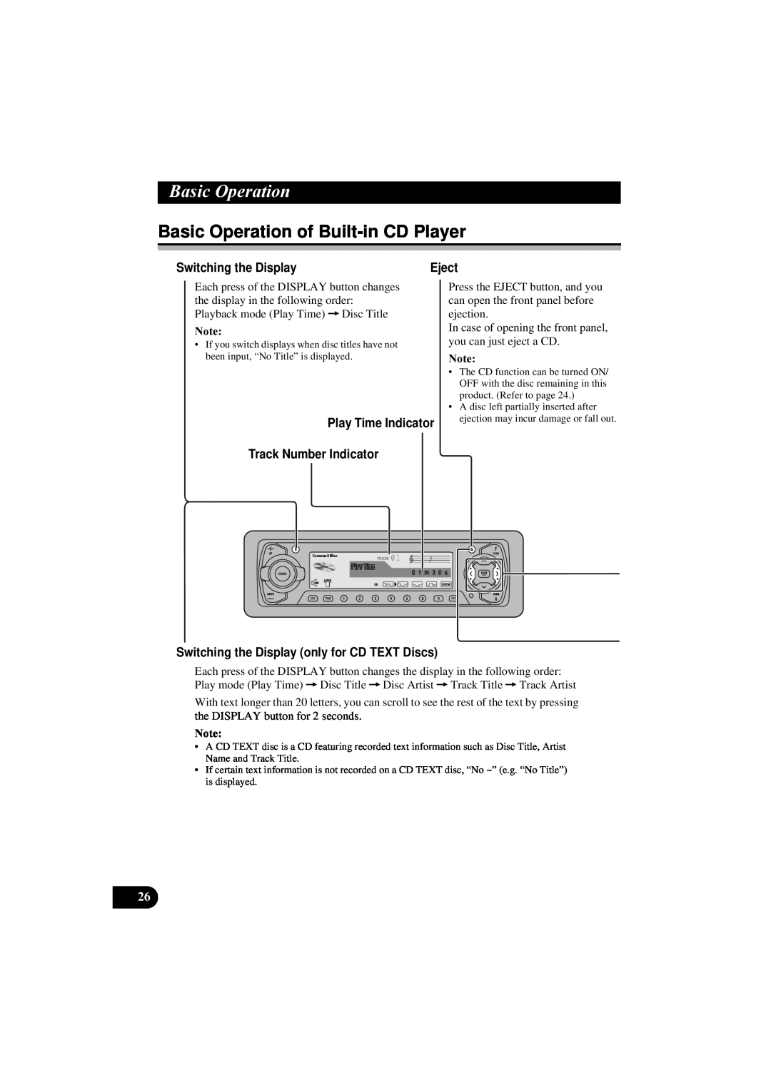 Pioneer DEH-P8100R Basic Operation of Built-inCD Player, Switching the Display, Play Time Indicator Track Number Indicator 
