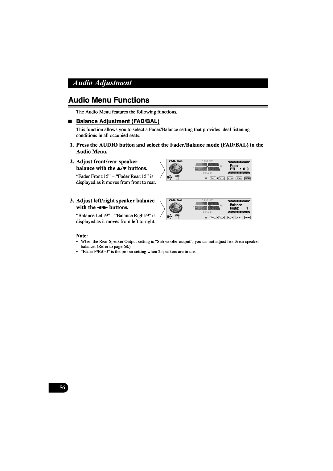 Pioneer DEH-P8100R manual Audio Menu Functions, Balance Adjustment FAD/BAL, $Xglr$Gmxvwphqw 