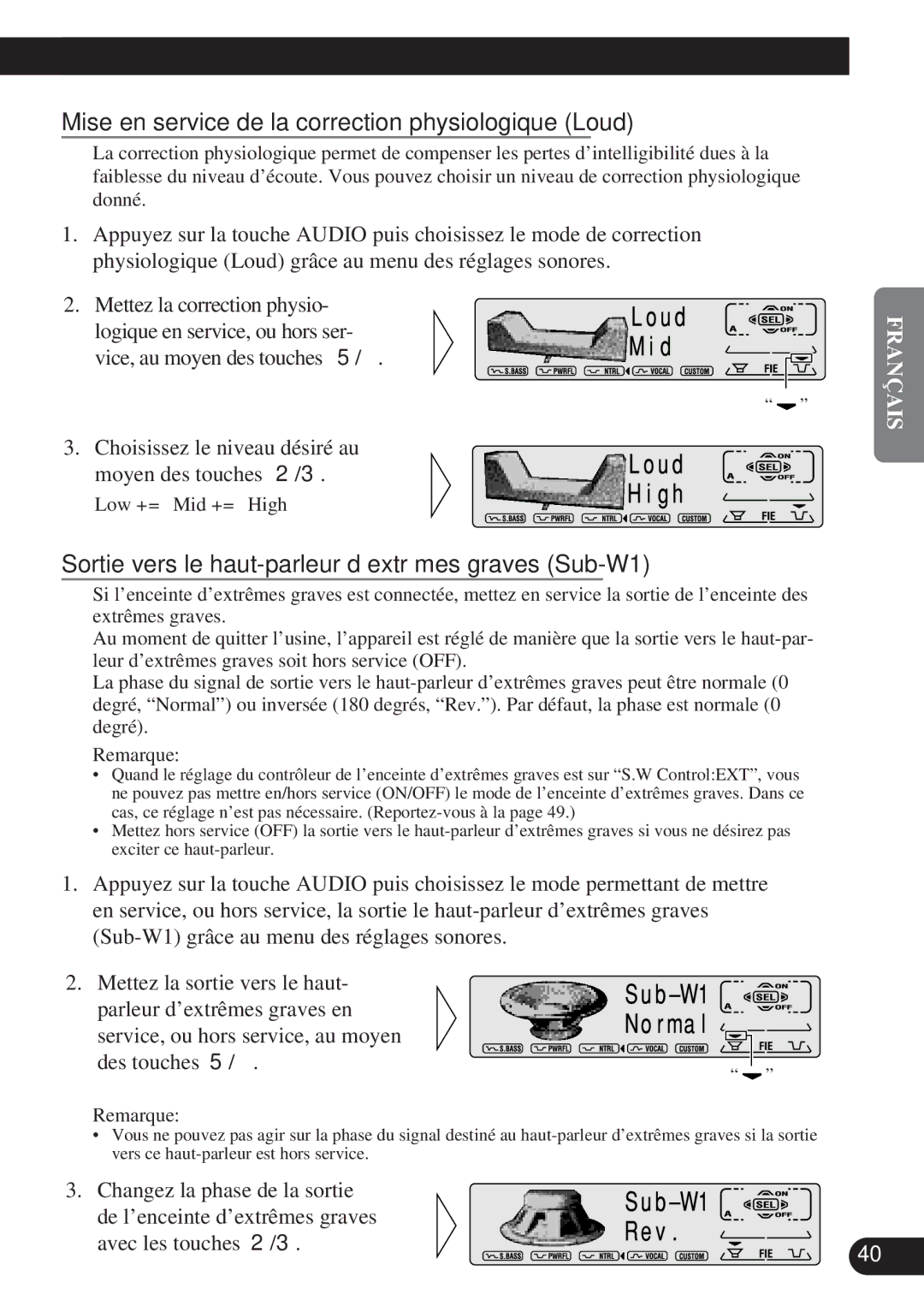 Pioneer DEH-P8200R operation manual Mise en service de la correction physiologique Loud 