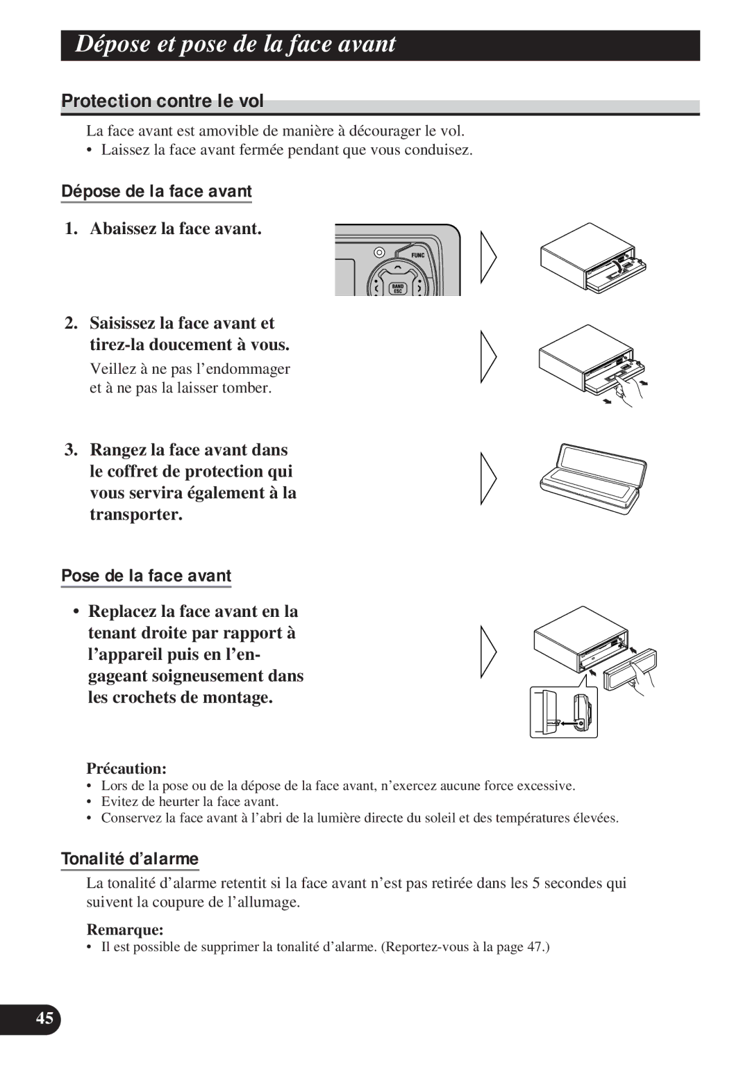 Pioneer DEH-P8200R Dépose et pose de la face avant, Protection contre le vol, Dépose de la face avant, Tonalité d’alarme 