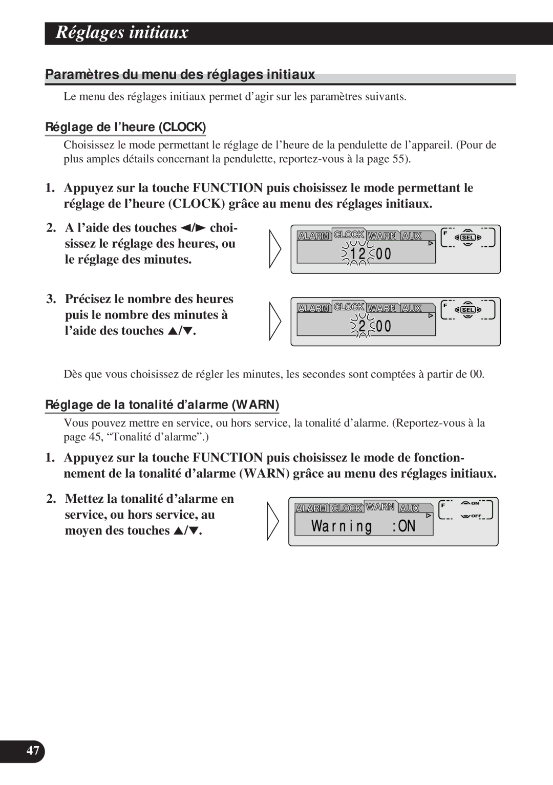 Pioneer DEH-P8200R operation manual Paramètres du menu des réglages initiaux, Réglage de l’heure Clock 