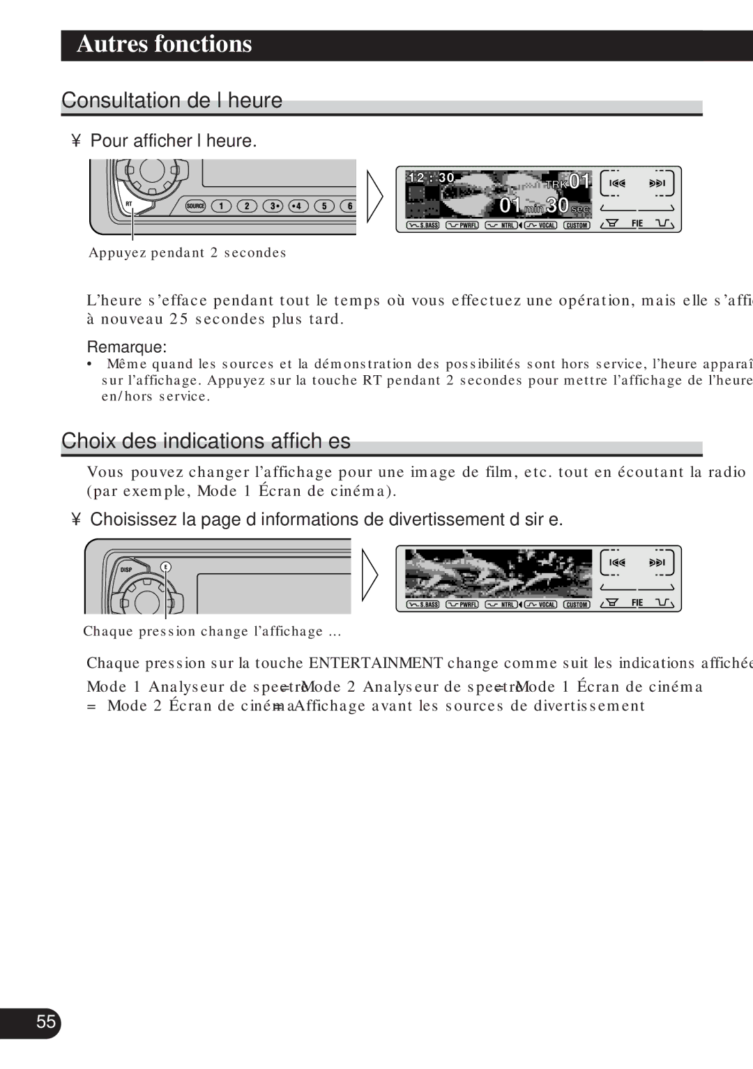 Pioneer DEH-P8200R Autres fonctions, Consultation de l’heure, Choix des indications affichées, Pour afficher l’heure 