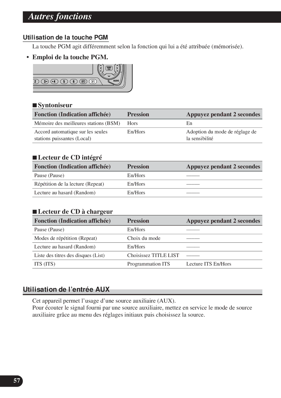 Pioneer DEH-P8200R Utilisation de l’entrée AUX, Utilisation de la touche PGM, Emploi de la touche PGM 7Syntoniseur 