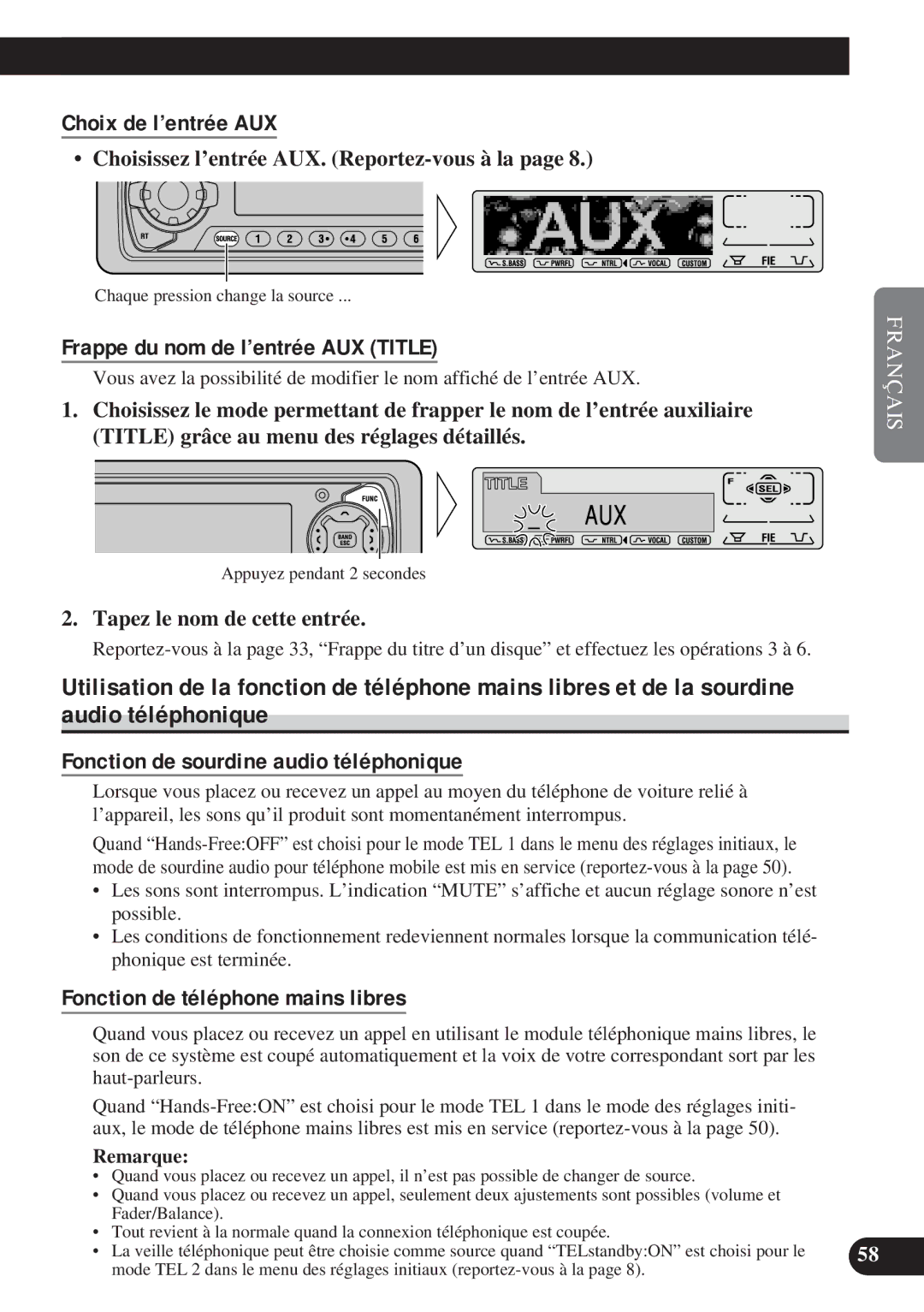 Pioneer DEH-P8200R Choix de l’entrée AUX, Frappe du nom de l’entrée AUX Title, Fonction de sourdine audio téléphonique 