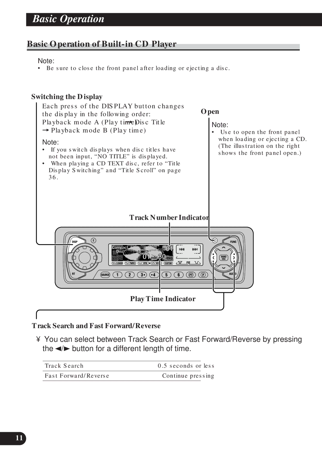 Pioneer DEH-P8200R operation manual Basic Operation of Built-in CD Player, Switching the Display, Open 