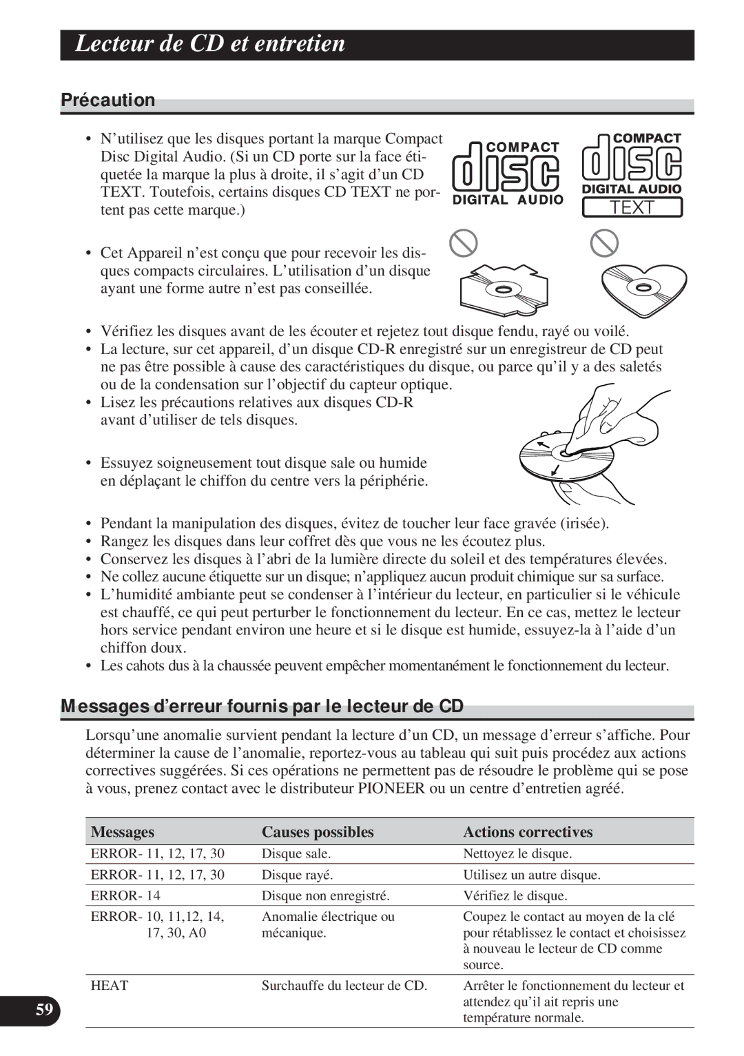 Pioneer DEH-P8200R operation manual Lecteur de CD et entretien, Messages d’erreur fournis par le lecteur de CD 