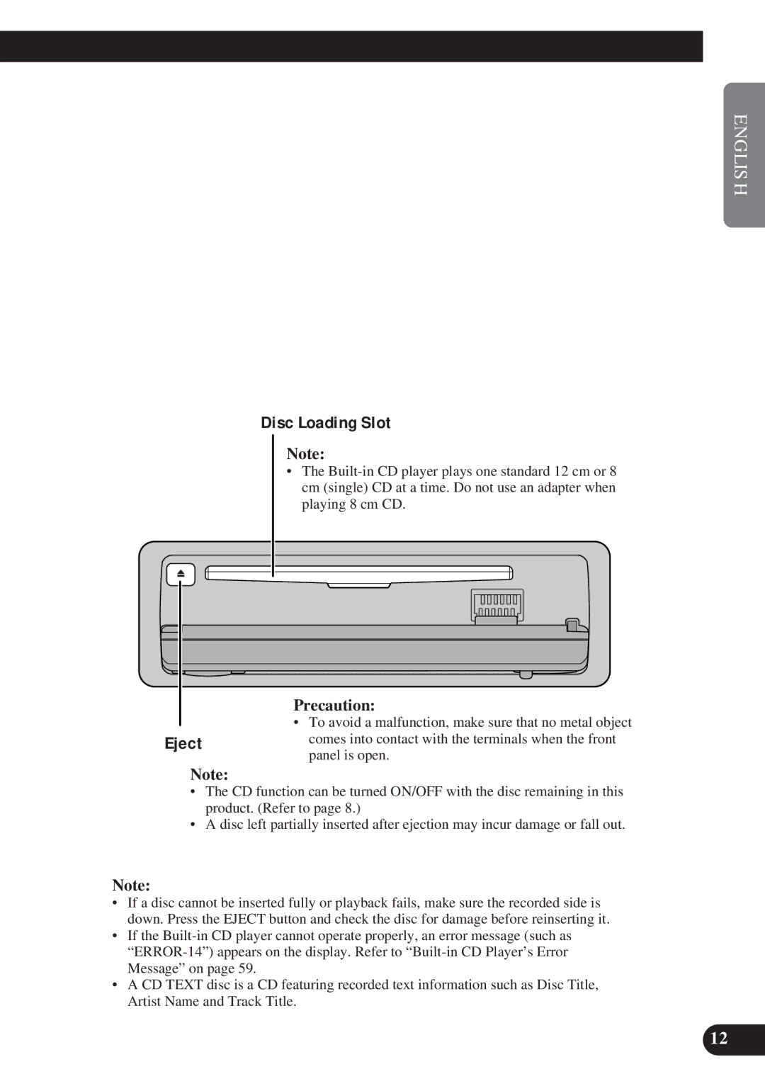 Pioneer DEH-P8200R operation manual Disc Loading Slot, Precaution 