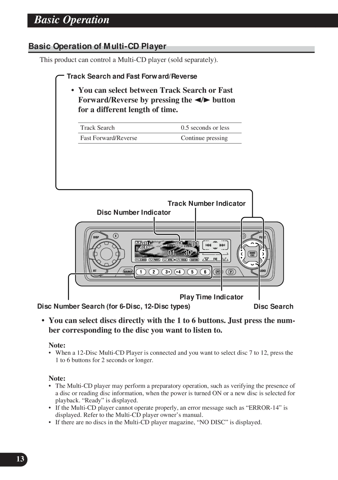 Pioneer DEH-P8200R operation manual Basic Operation of Multi-CD Player, Track Number Indicator Disc Number Indicator 