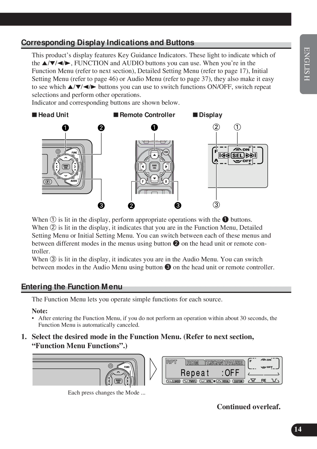 Pioneer DEH-P8200R operation manual Corresponding Display Indications and Buttons, Entering the Function Menu 