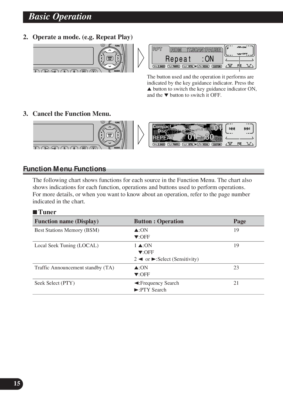 Pioneer DEH-P8200R Function Menu Functions, Operate a mode. e.g. Repeat Play, Cancel the Function Menu, 7Tuner 