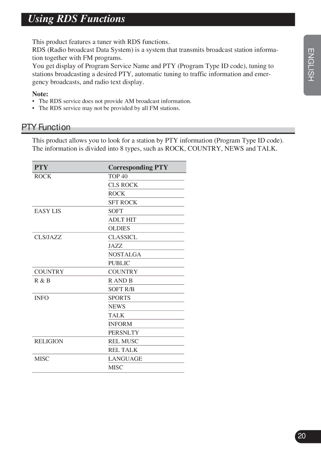 Pioneer DEH-P8200R operation manual Using RDS Functions, PTY Function, Corresponding PTY 