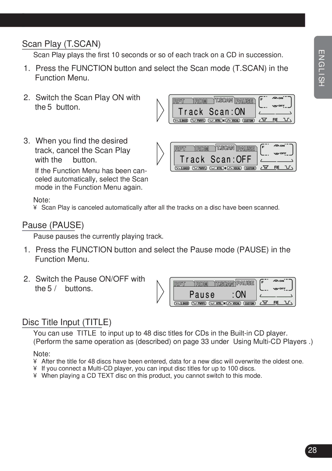 Pioneer DEH-P8200R operation manual Scan Play T.SCAN, Pause Pause, Disc Title Input Title 