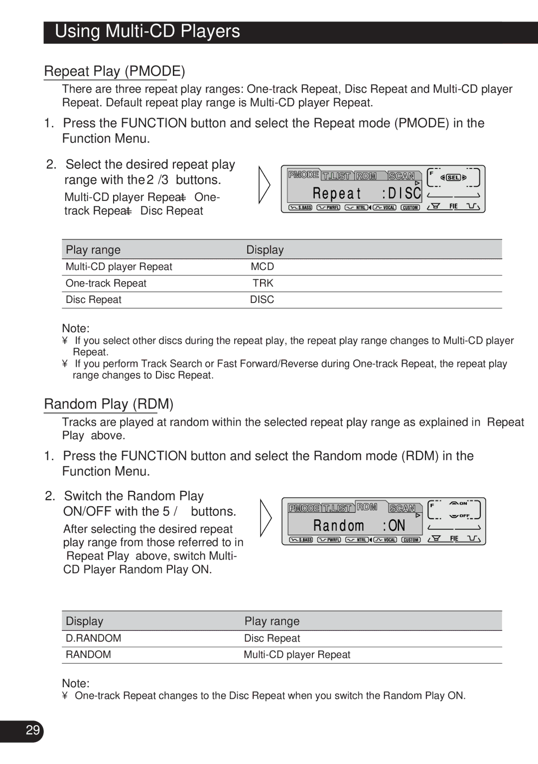 Pioneer DEH-P8200R operation manual Using Multi-CD Players, Repeat Play Pmode, Play range Display, Display Play range 