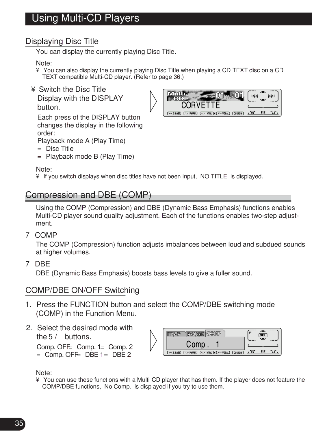 Pioneer DEH-P8200R operation manual Compression and DBE Comp, Displaying Disc Title, COMP/DBE ON/OFF Switching 