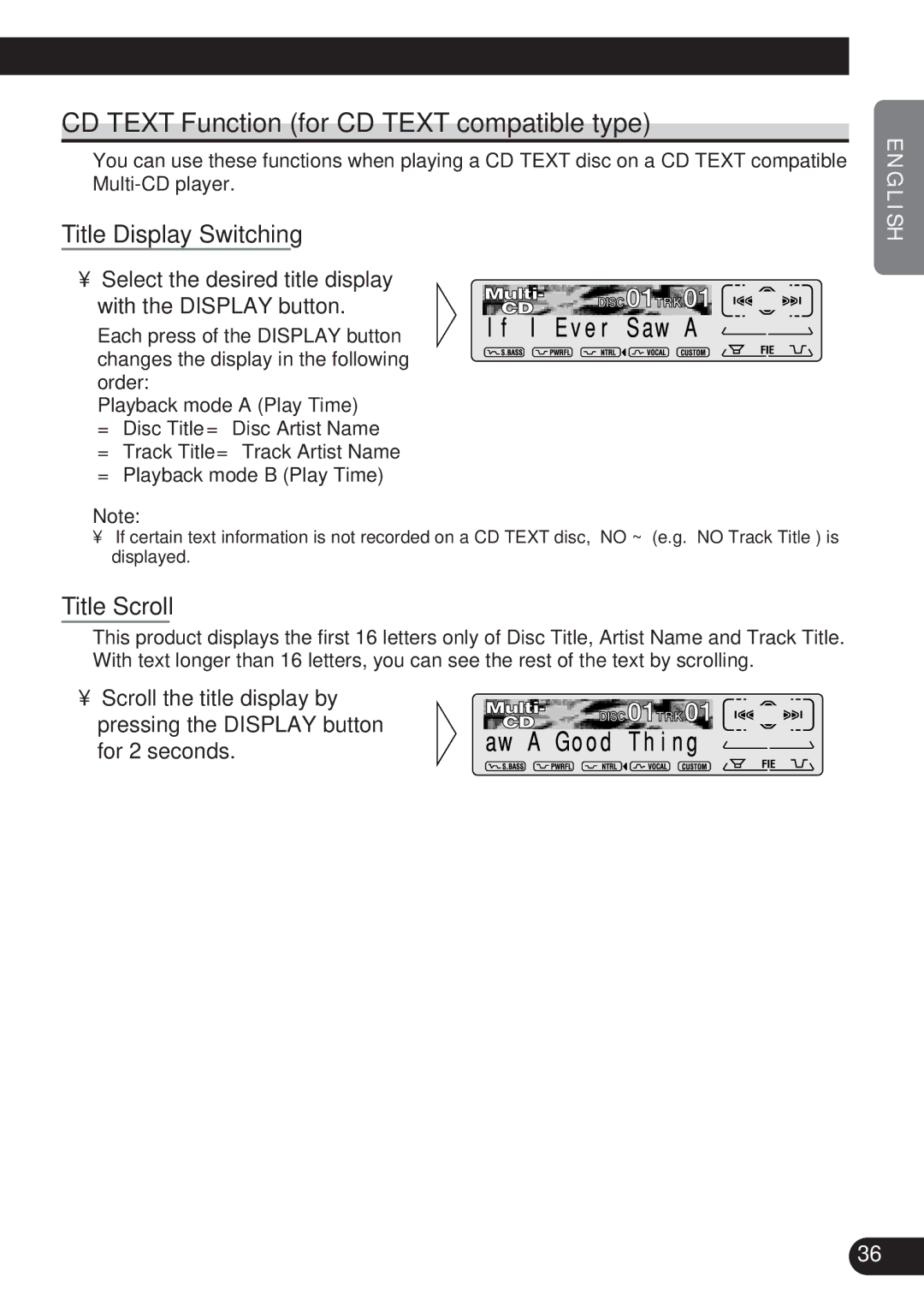 Pioneer DEH-P8200R operation manual CD Text Function for CD Text compatible type, Title Display Switching, Title Scroll 