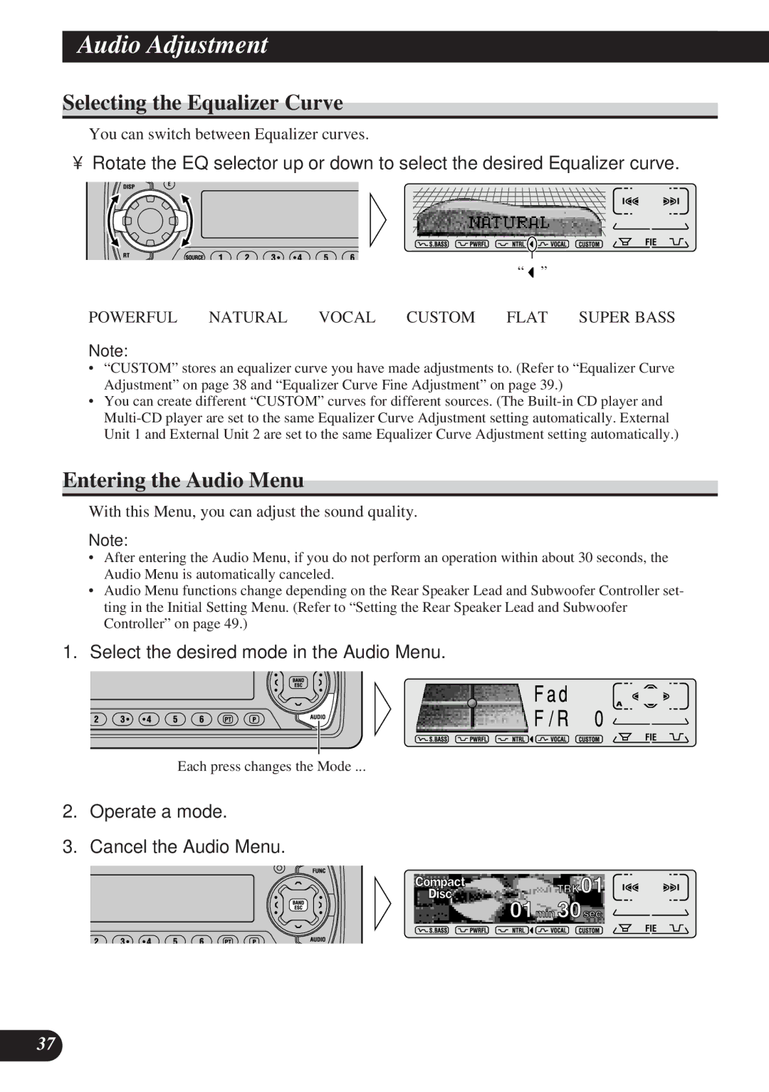 Pioneer DEH-P8200R operation manual Audio Adjustment, Selecting the Equalizer Curve, Entering the Audio Menu 